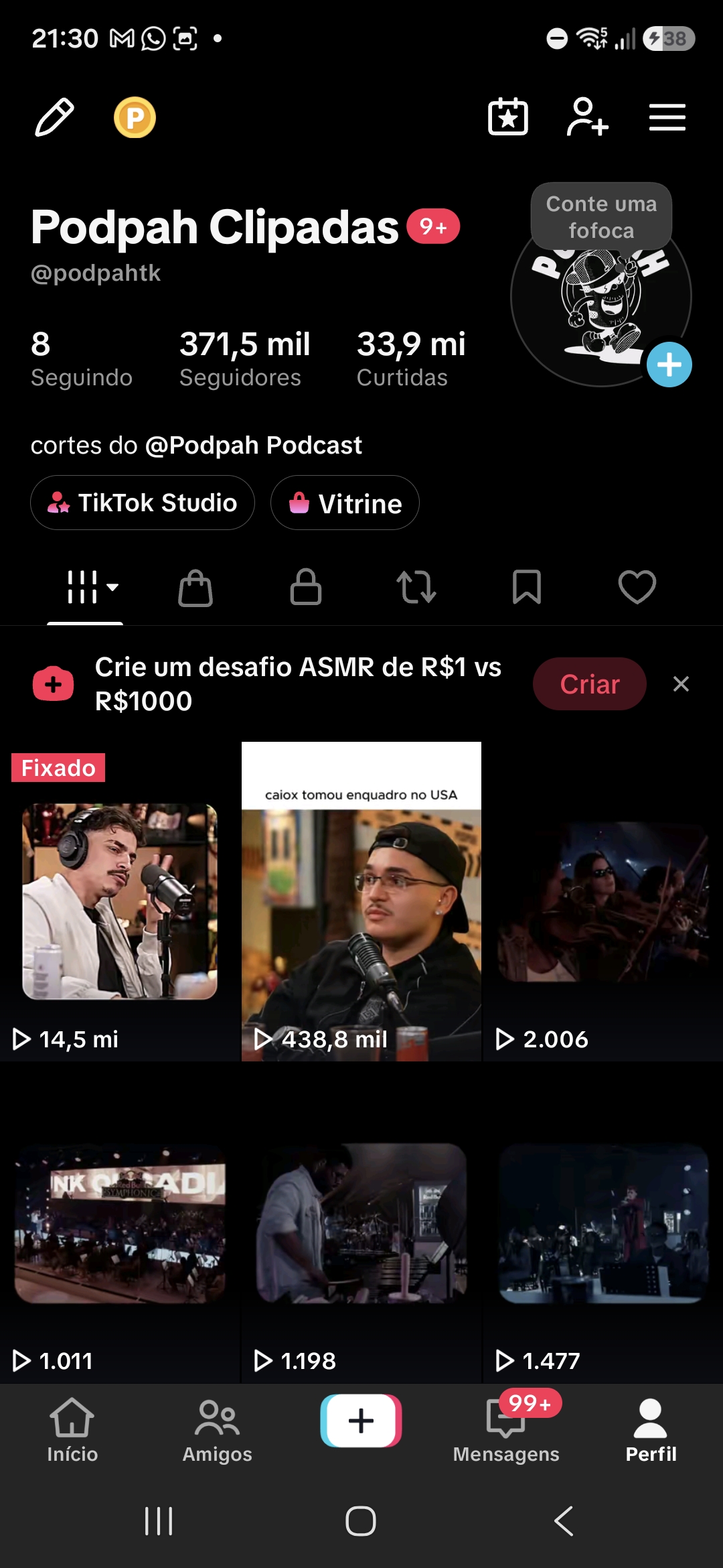 Foto da conta Conta tiktok - 370 mil seguidores - nicho podcast