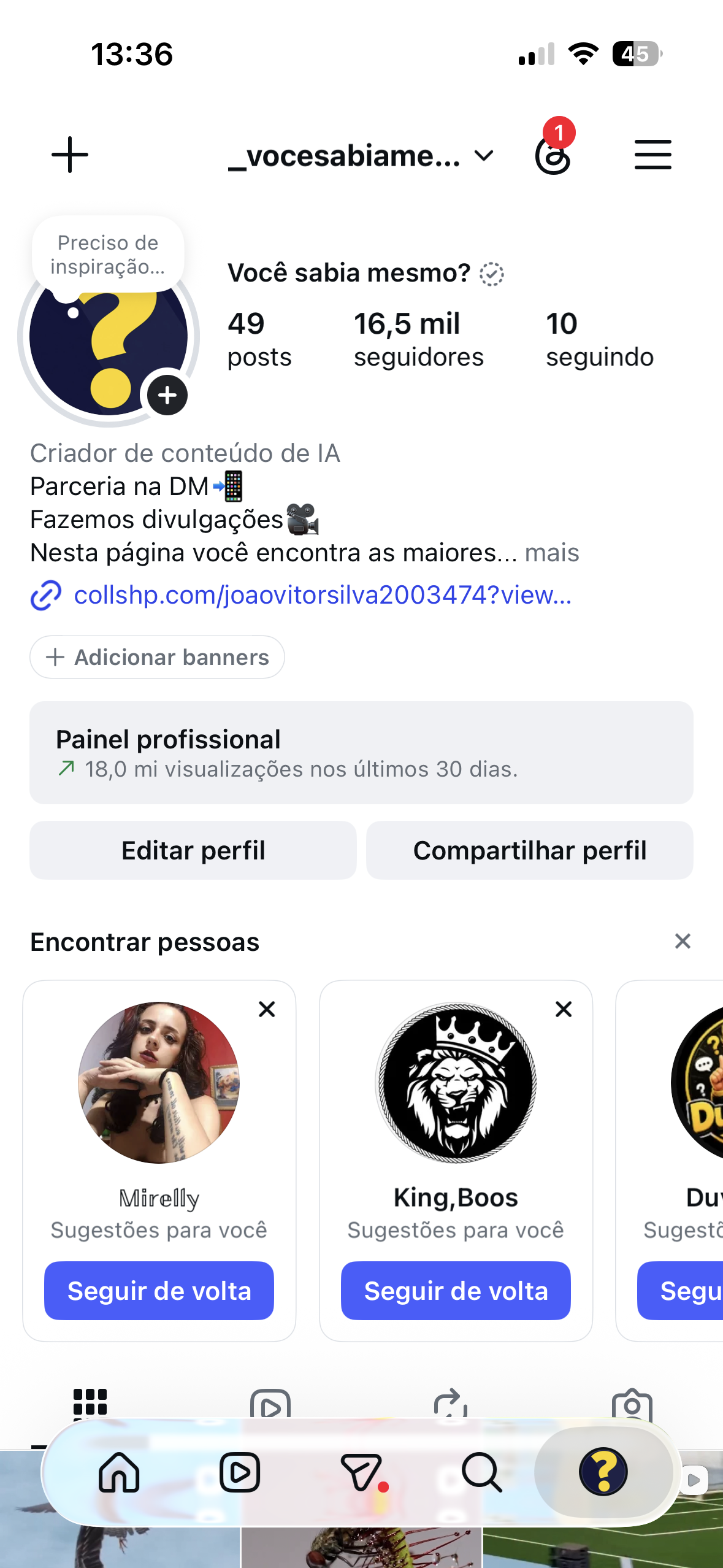 Foto da conta Conta no Instagram com um mês de criação 18 milhões de impressões
